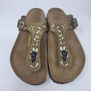 Papillio Birkenstock Gizeh Thong Sandals Brown Floral Women's Size 10